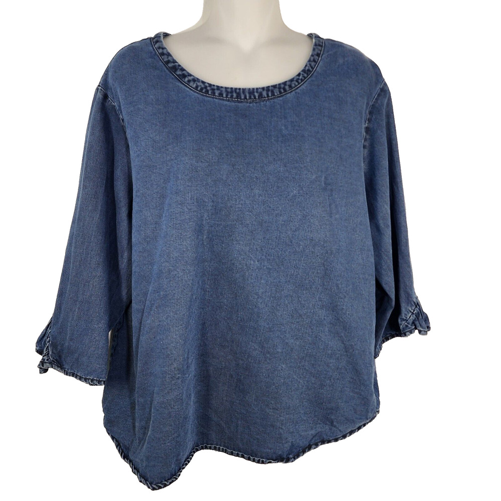 Soft Surroundings Top Medium Denim Blue Ruffle 3/4 Sleeve Button Back Lyocell